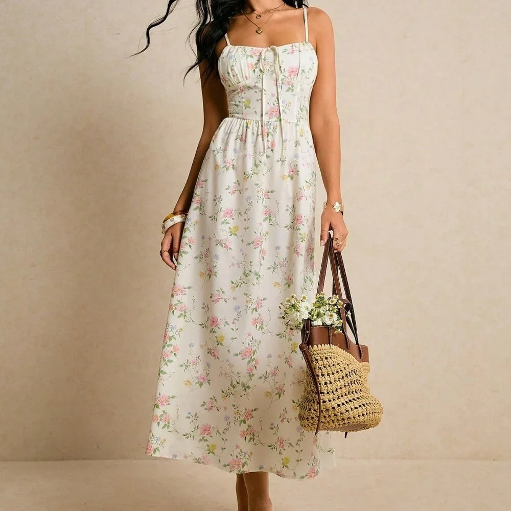 Multicolor Boho Women's Smocked Midi Sundress - Picture 3 of 8